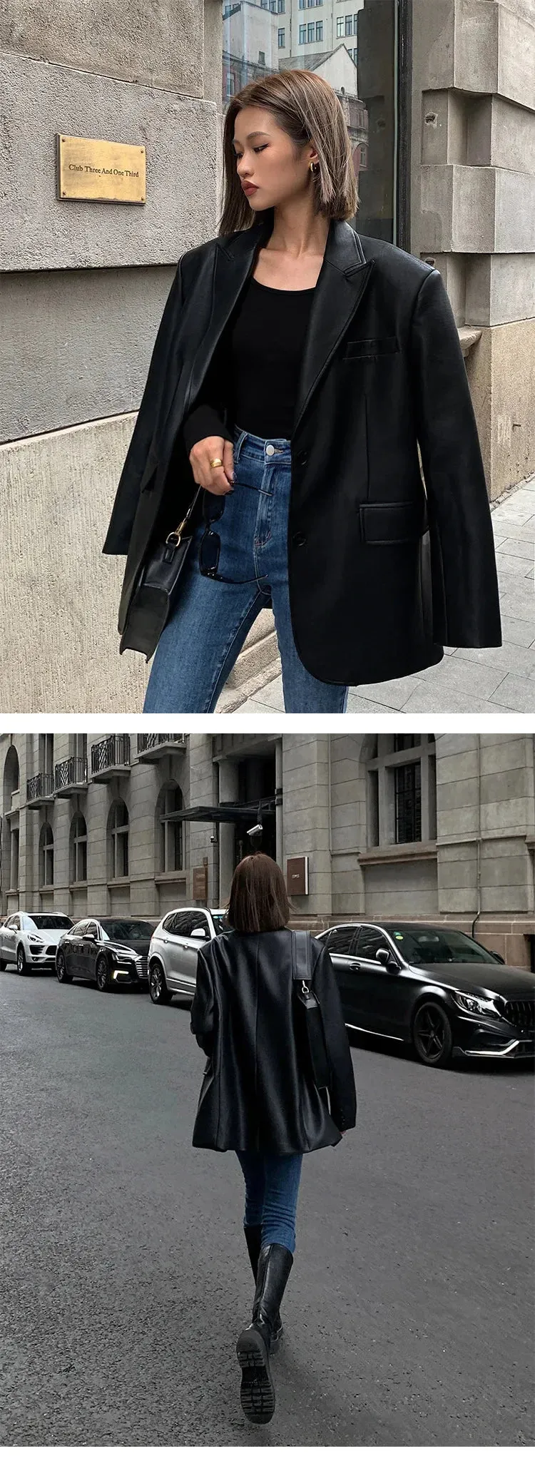 Vintage Black High Quality Leather Loose Blazer Biker Coat Women Casual Long Sleeve Flap Pocket Suit Jacket Oversized Streetwear