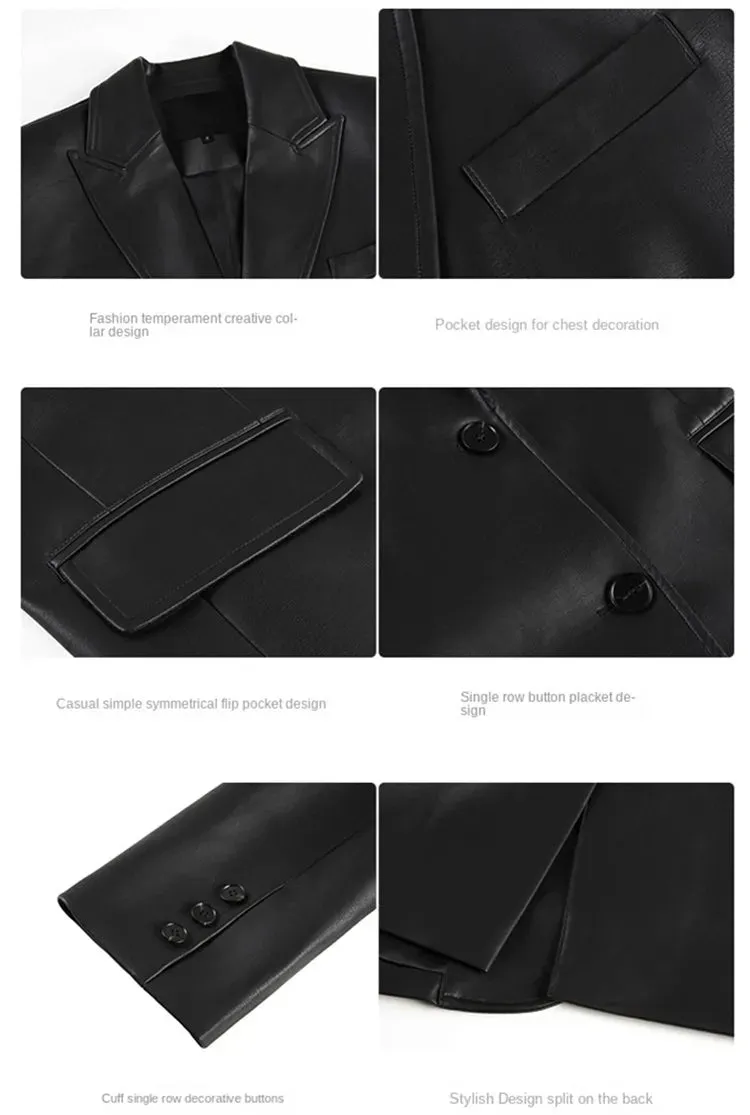 Vintage Black High Quality Leather Loose Blazer Biker Coat Women Casual Long Sleeve Flap Pocket Suit Jacket Oversized Streetwear