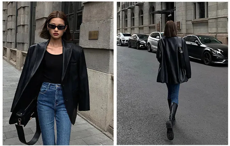 Vintage Black High Quality Leather Loose Blazer Biker Coat Women Casual Long Sleeve Flap Pocket Suit Jacket Oversized Streetwear