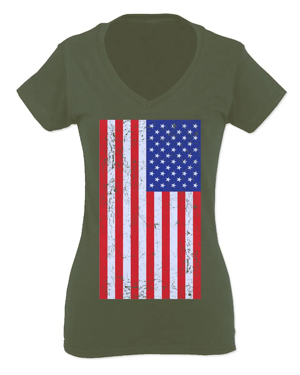 Vintage u.s. American Flag United States of America USA Proud For Women V neck fitted T Shirt