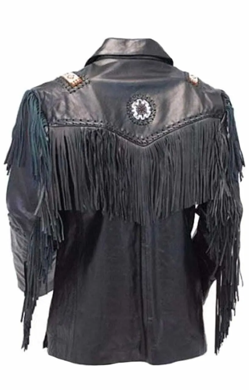 Western Black Leather Fringe Beaded Jacket for Men MWJ511