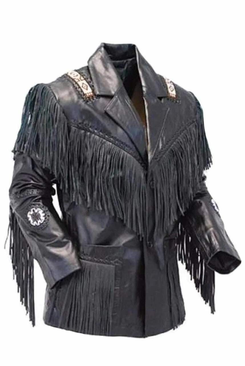 Western Black Leather Fringe Beaded Jacket for Men MWJ511