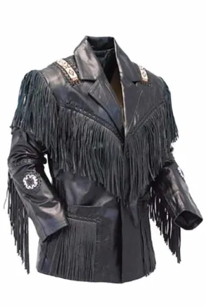 Western Black Leather Fringe Beaded Jacket for Men MWJ511