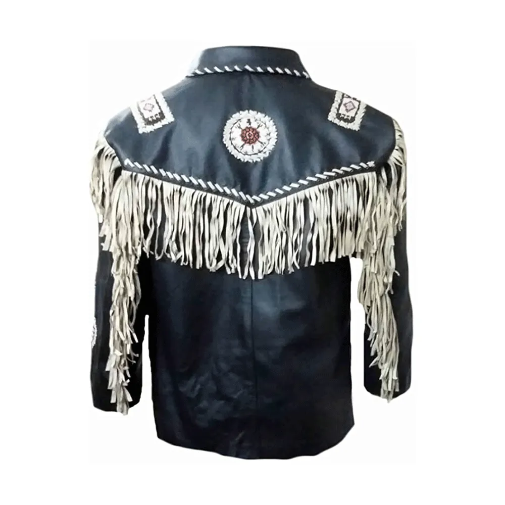 Western Black Leather Fringe Beaded Jacket for Men MWJ527