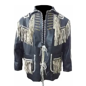 Western Black Leather Fringe Beaded Jacket for Men MWJ527