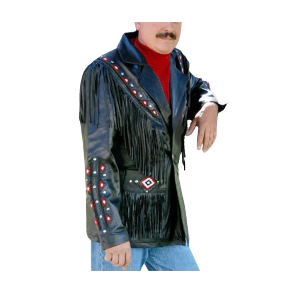 Western Black Leather Fringe Beaded Jacket for Men MWJ530
