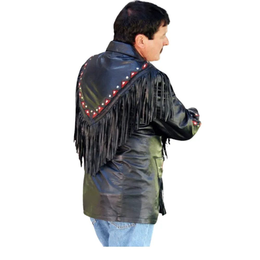 Western Black Leather Fringe Beaded Jacket for Men MWJ530