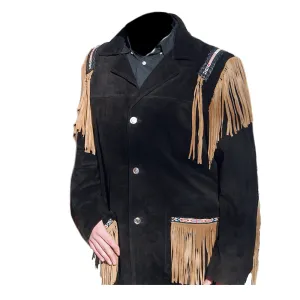 Western Black Suede Leather Fringe Beaded Jacket for Men MWJ521