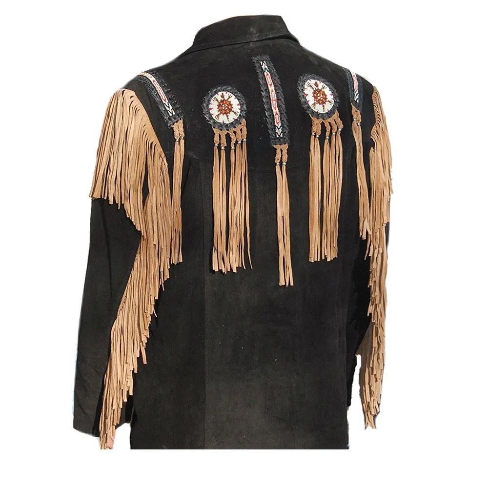 Western Black Suede Leather Fringe Beaded Jacket for Men MWJ521