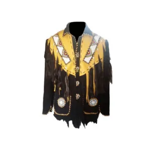 Western Black Suede Leather Fringe Beaded Jacket for Men MWJ523
