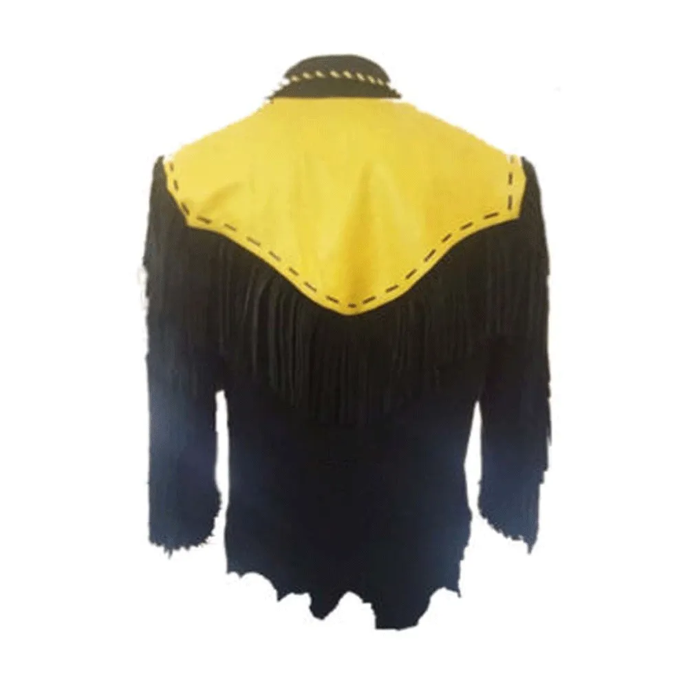 Western Black Suede Leather Fringe Beaded Jacket for Men MWJ523