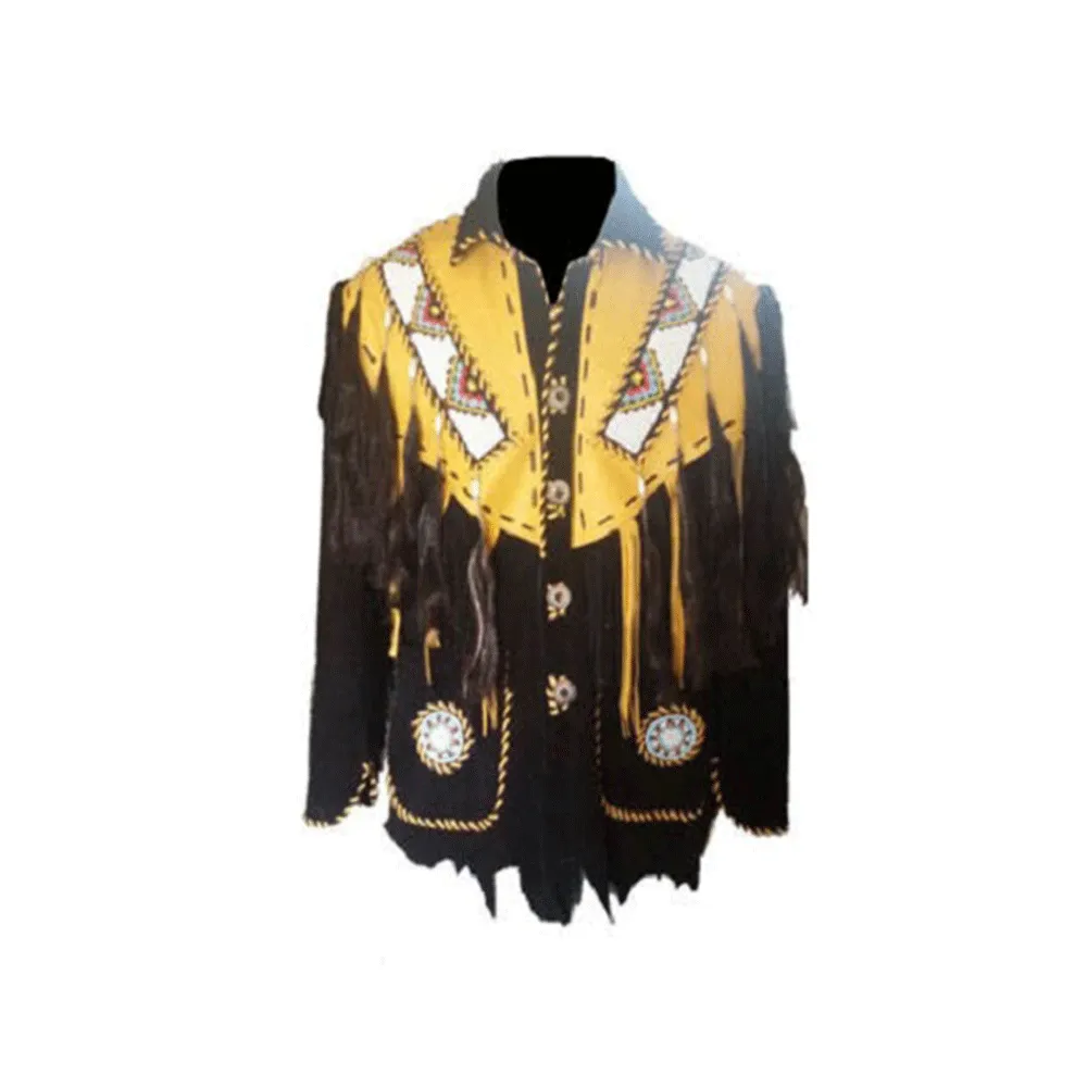 Western Black Suede Leather Fringe Beaded Jacket for Men MWJ523