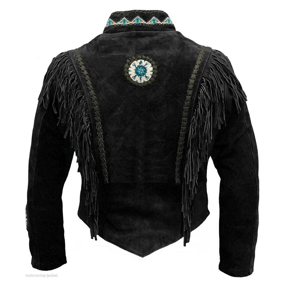 Western Black Suede Leather Fringe Beaded Jacket for Men MWJ525
