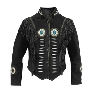 Western Black Suede Leather Fringe Beaded Jacket for Men MWJ525