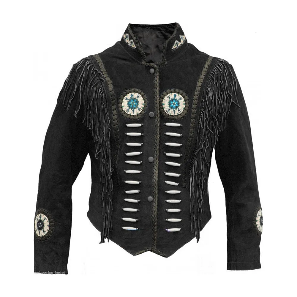 Western Black Suede Leather Fringe Beaded Jacket for Men MWJ525