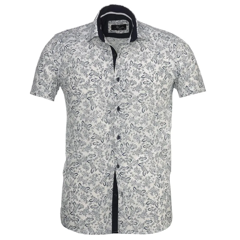 White Navy Blue Floral Mens Short Sleeve Button up Shirts - Tailored