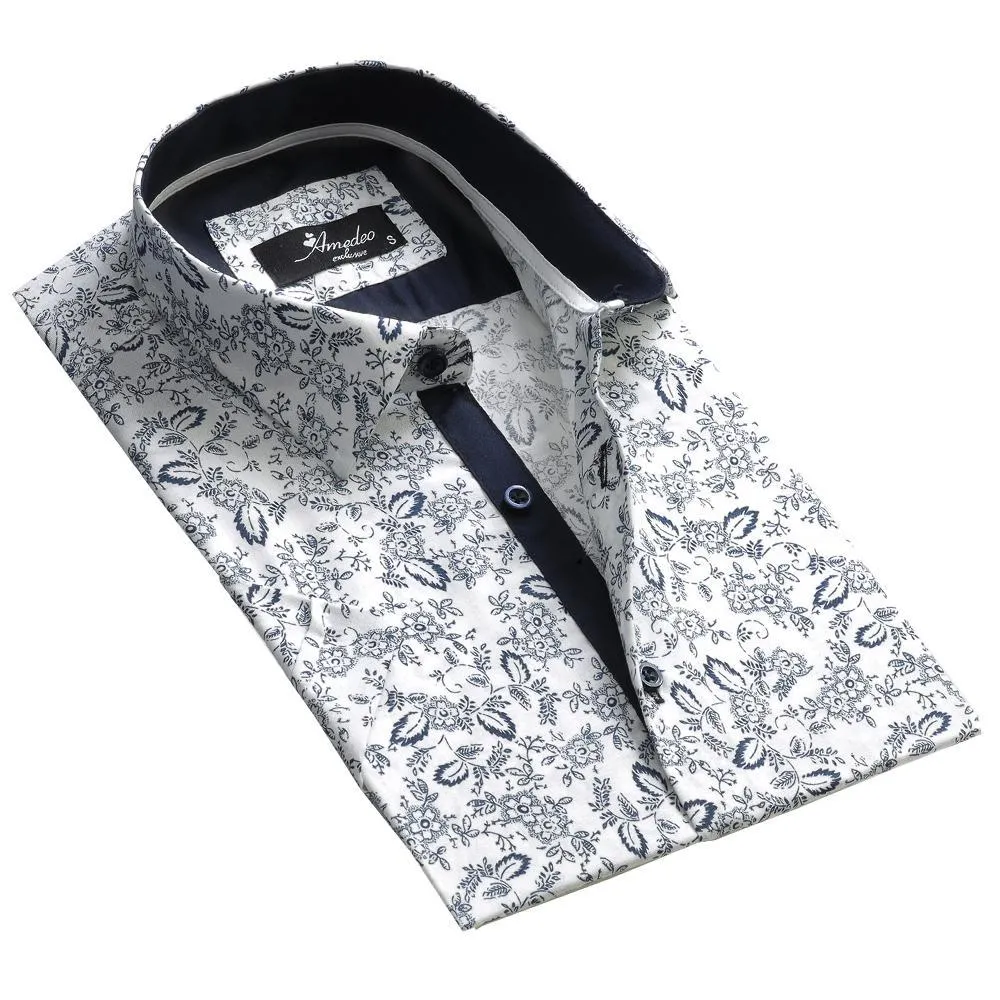 White Navy Blue Floral Mens Short Sleeve Button up Shirts - Tailored