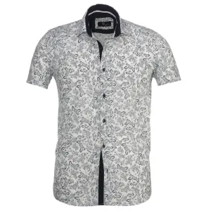 White Navy Blue Floral Mens Short Sleeve Button up Shirts - Tailored