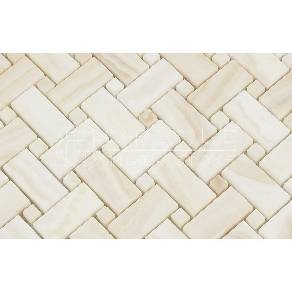 White Onyx Basketweave Mosaic Tile with White Onyx Dots, Vein-Cut, Polished - Lot of 50 Sheets