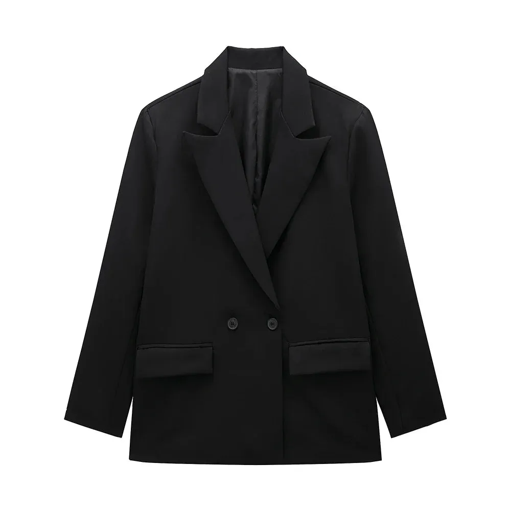 Willshela Women Fashion With Pockets Solid Double Breasted Blazer Vintage Long Sleeves Notched Neck Female Office Lady Outfits