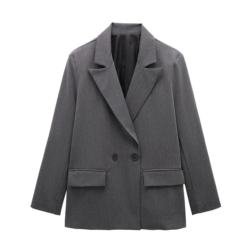Willshela Women Fashion With Pockets Solid Double Breasted Blazer Vintage Long Sleeves Notched Neck Female Office Lady Outfits