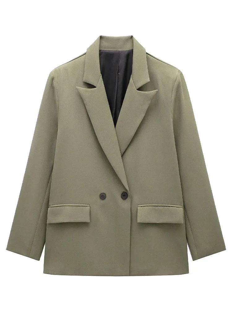 Willshela Women Fashion With Pockets Solid Double Breasted Blazer Vintage Long Sleeves Notched Neck Female Office Lady Outfits