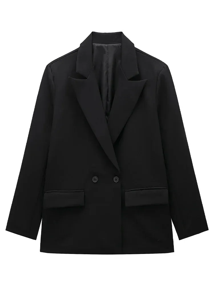 Willshela Women Fashion With Pockets Solid Double Breasted Blazer Vintage Long Sleeves Notched Neck Female Office Lady Outfits