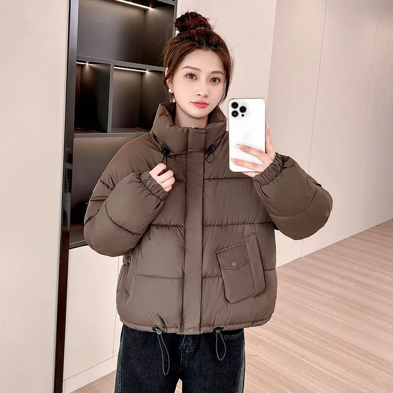 Windproof and Padded Solid Puffer Jacket for Women with Adjustable Drawstring