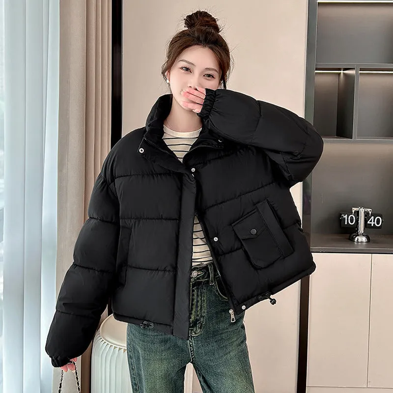 Windproof and Padded Solid Puffer Jacket for Women with Adjustable Drawstring
