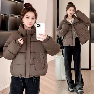Windproof and Padded Solid Puffer Jacket for Women with Adjustable Drawstring
