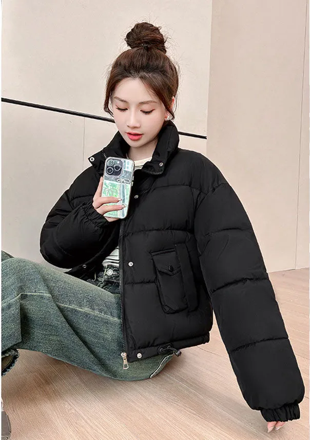Windproof and Padded Solid Puffer Jacket for Women with Adjustable Drawstring