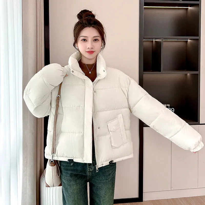 Windproof and Padded Solid Puffer Jacket for Women with Adjustable Drawstring