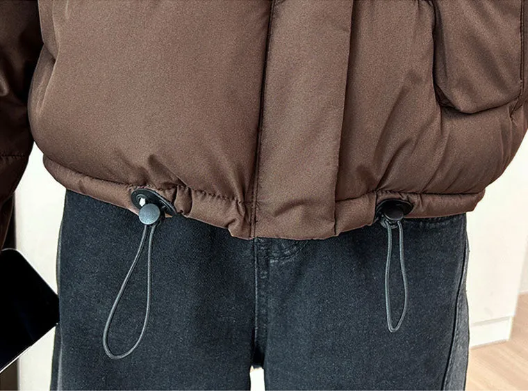 Windproof and Padded Solid Puffer Jacket for Women with Adjustable Drawstring