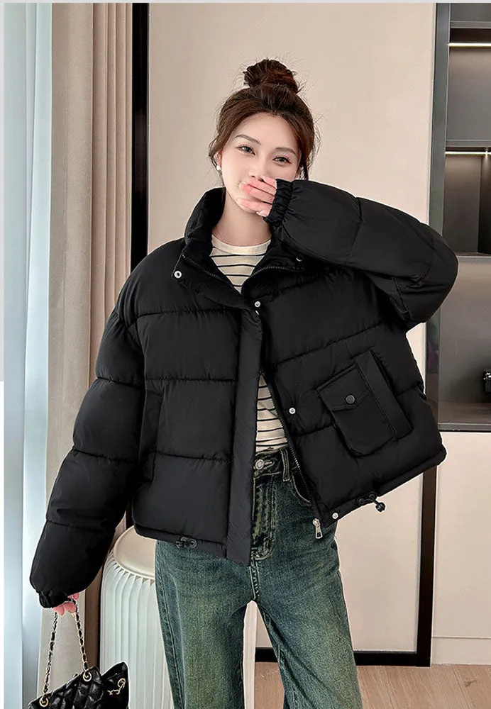 Windproof and Padded Solid Puffer Jacket for Women with Adjustable Drawstring