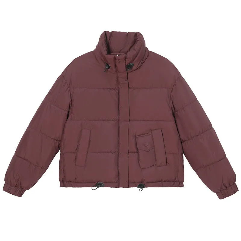 Windproof and Padded Solid Puffer Jacket for Women with Adjustable Drawstring