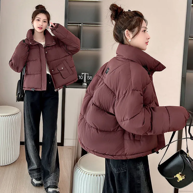 Windproof and Padded Solid Puffer Jacket for Women with Adjustable Drawstring