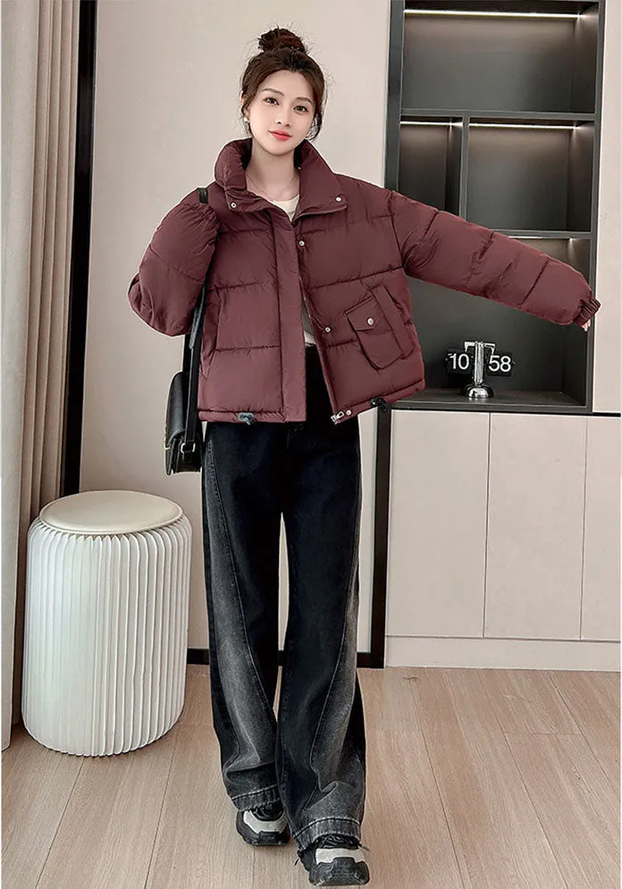 Windproof and Padded Solid Puffer Jacket for Women with Adjustable Drawstring