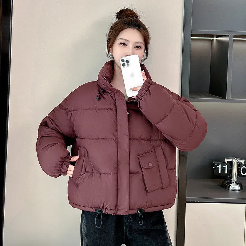 Windproof and Padded Solid Puffer Jacket for Women with Adjustable Drawstring