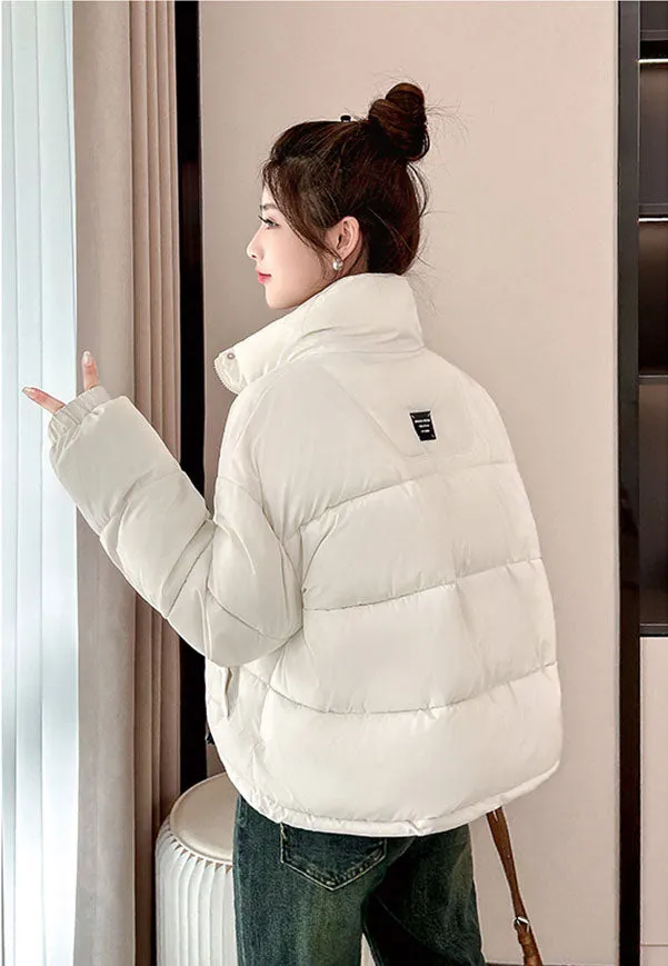 Windproof and Padded Solid Puffer Jacket for Women with Adjustable Drawstring