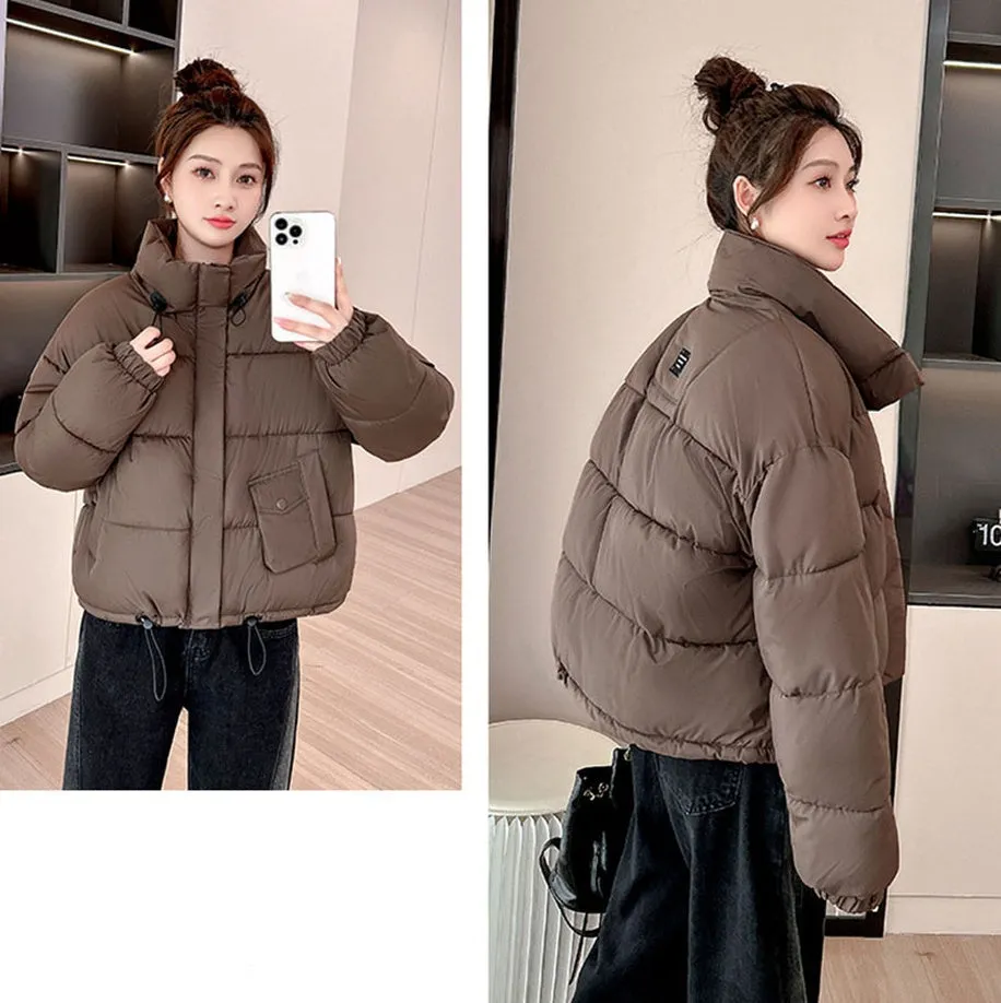 Windproof and Padded Solid Puffer Jacket for Women with Adjustable Drawstring