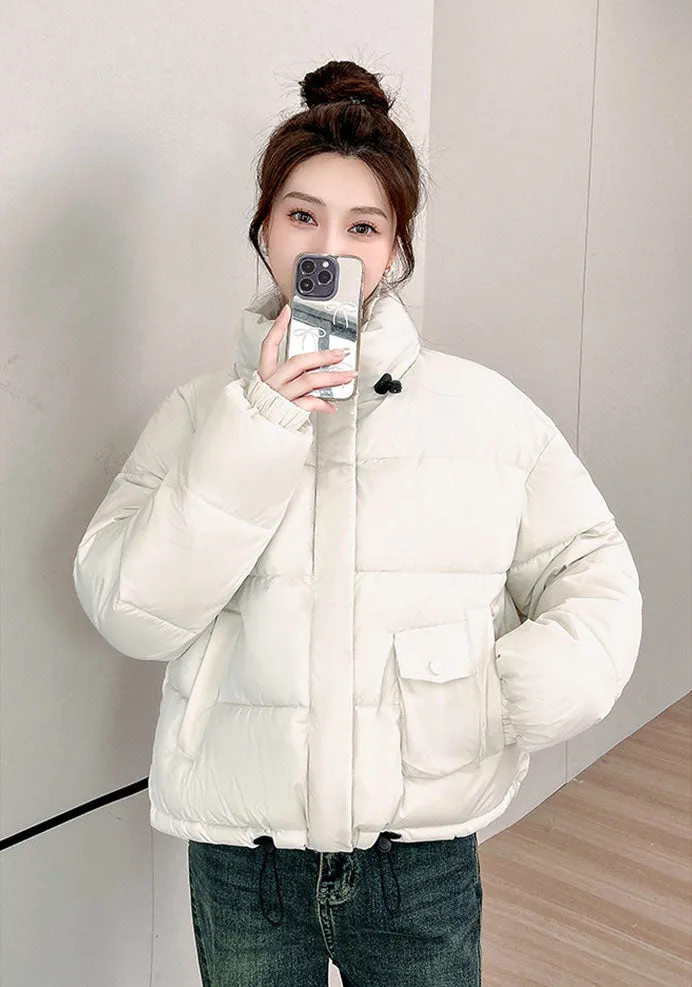 Windproof and Padded Solid Puffer Jacket for Women with Adjustable Drawstring