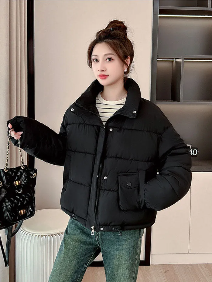 Windproof and Padded Solid Puffer Jacket for Women with Adjustable Drawstring