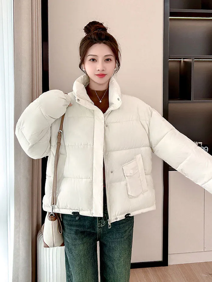 Windproof and Padded Solid Puffer Jacket for Women with Adjustable Drawstring
