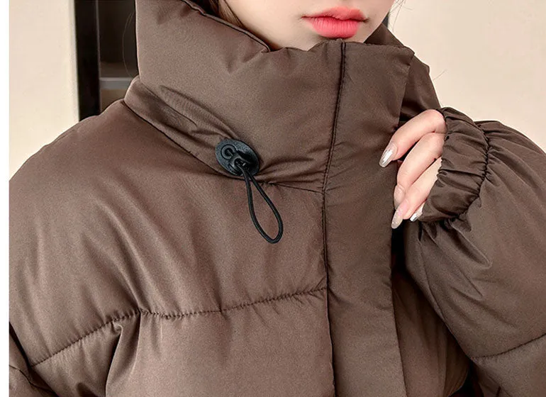 Windproof and Padded Solid Puffer Jacket for Women with Adjustable Drawstring