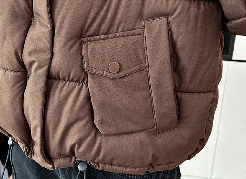 Windproof and Padded Solid Puffer Jacket for Women with Adjustable Drawstring