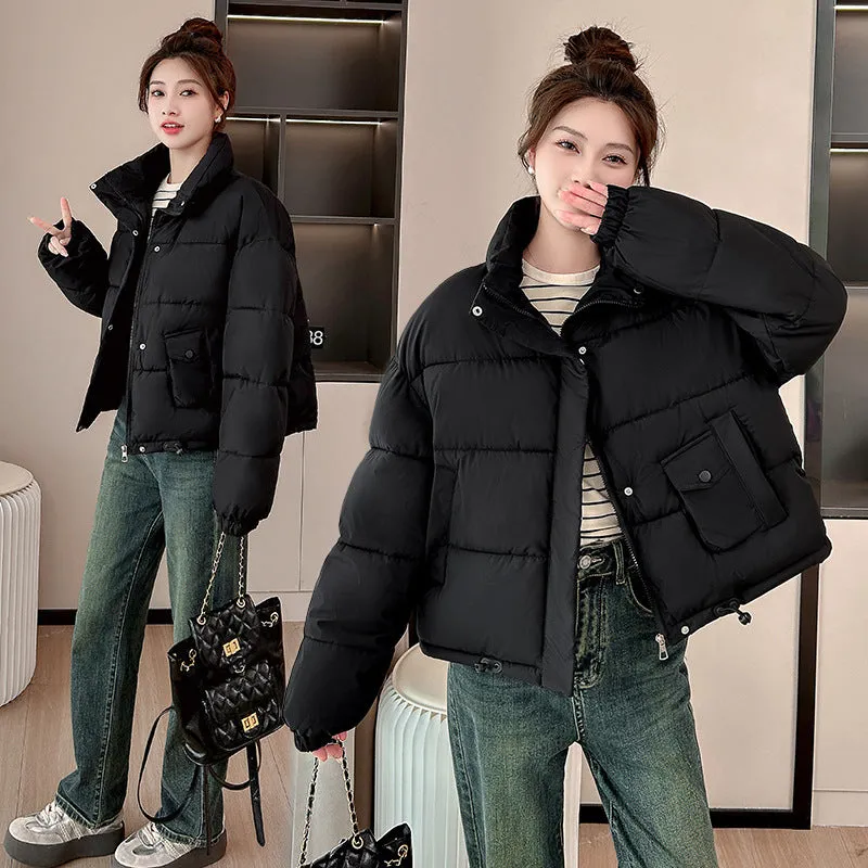Windproof and Padded Solid Puffer Jacket for Women with Adjustable Drawstring