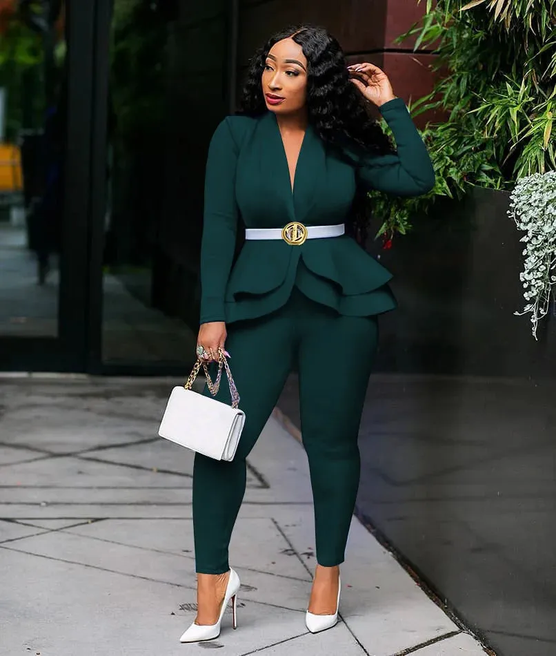 Winter Women's Set Tracksuit Full Sleeve Ruffles Blazers Pencil Pants Suit Two Piece Set Office Lady Outfits Uniform