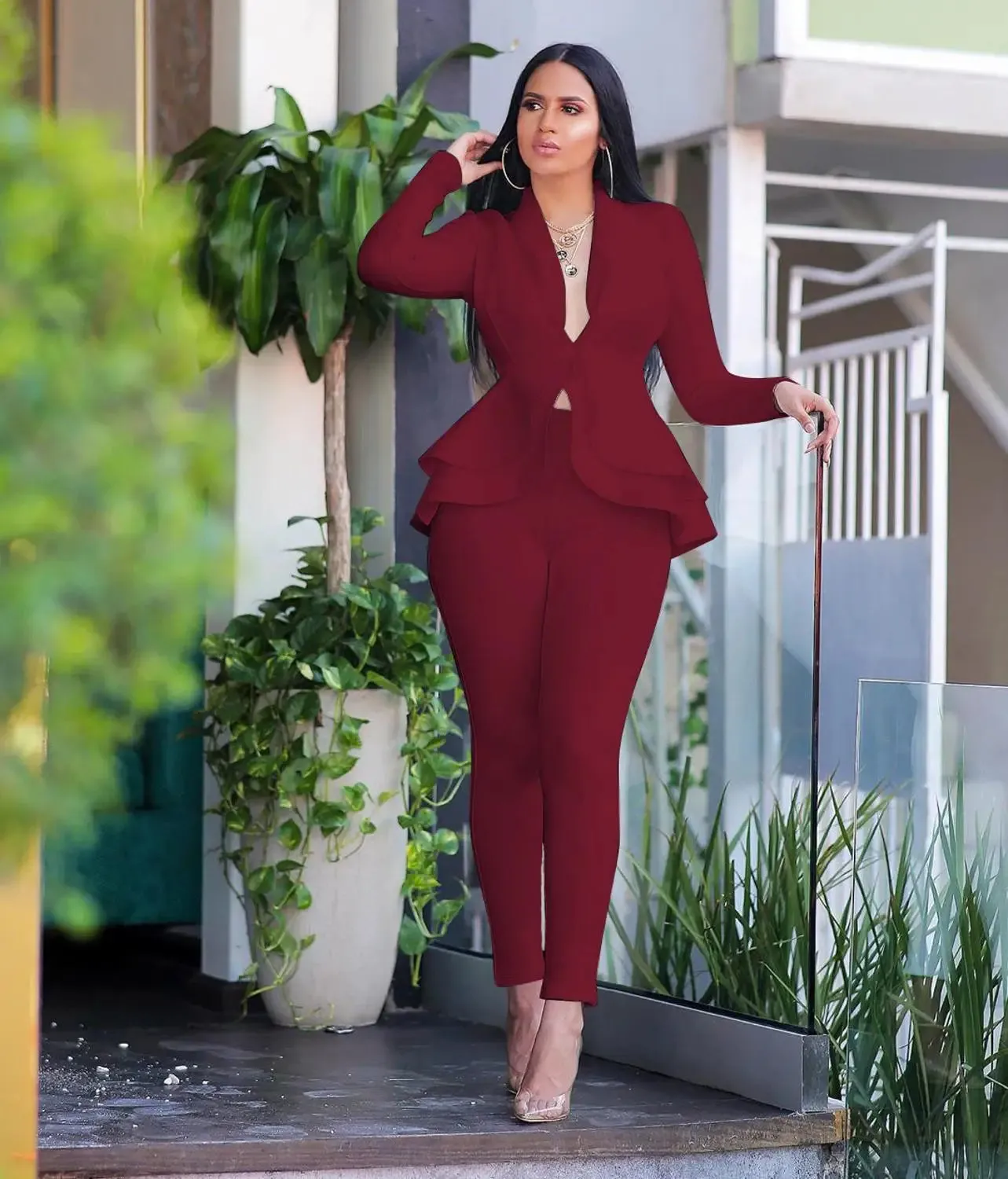 Winter Women's Set Tracksuit Full Sleeve Ruffles Blazers Pencil Pants Suit Two Piece Set Office Lady Outfits Uniform