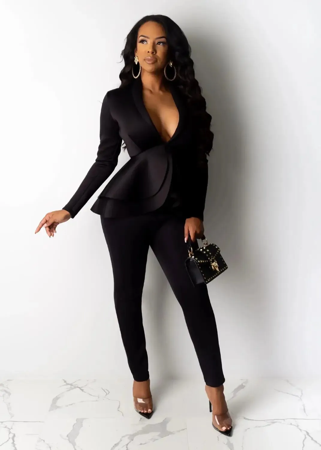 Winter Women's Set Tracksuit Full Sleeve Ruffles Blazers Pencil Pants Suit Two Piece Set Office Lady Outfits Uniform