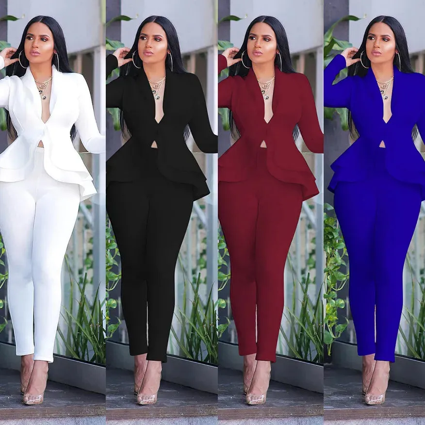 Winter Women's Set Tracksuit Full Sleeve Ruffles Blazers Pencil Pants Suit Two Piece Set Office Lady Outfits Uniform
